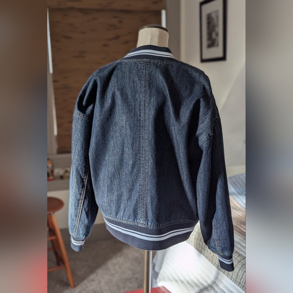 Denim Bomber Jacket with Striped Collar - Picture 2 of 2